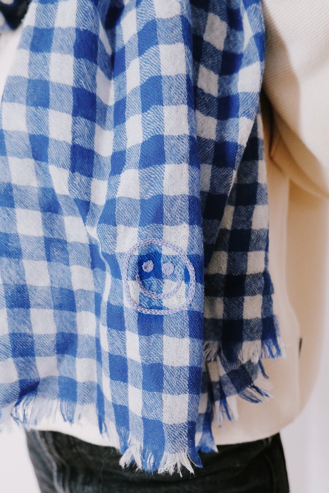 woolen scarf - blue smiley check - collab zürich