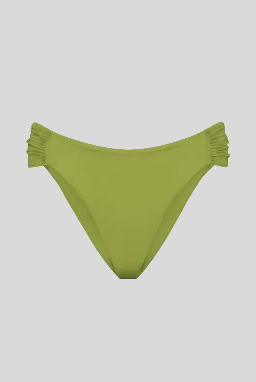 Light green bikini bottom with ruched sides on a white background