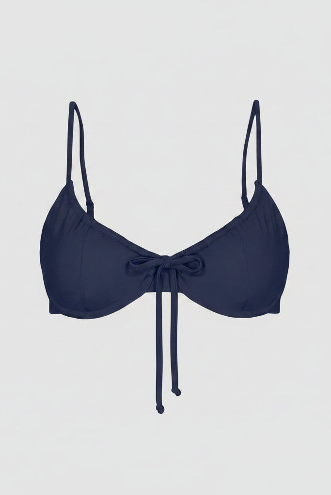 Navy blue bikini top with thin straps on a white background