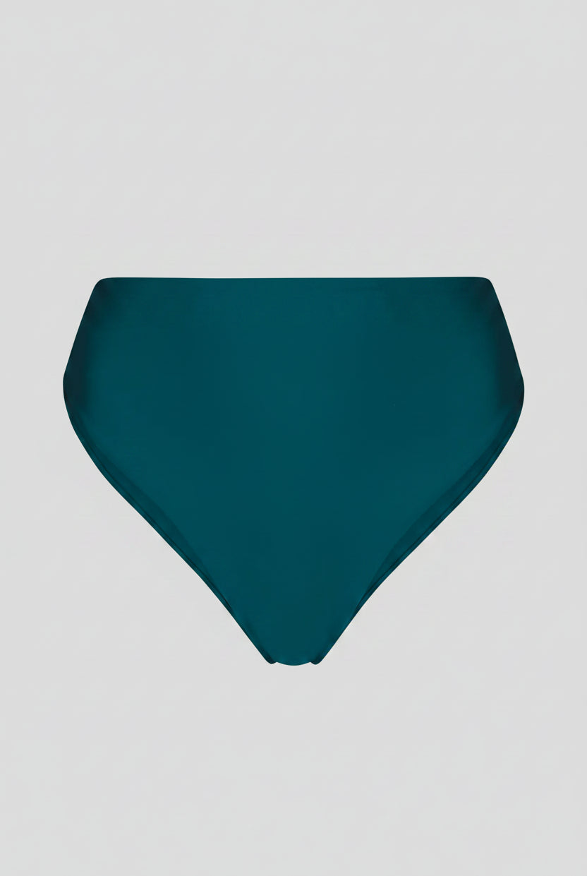 Teal high-waisted bikini bottom on a white background