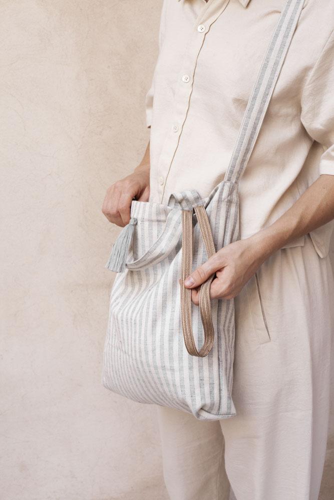 bag - NORA - light grey stripes - tassel - collab zürich
