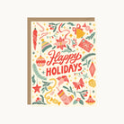 Greeting card with festive design and 'Happy Holidays' text on a red background