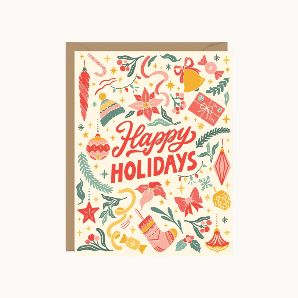 Greeting card with festive design and 'Happy Holidays' text on a red background