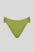 Light green bikini bottom with ruched sides on a white background