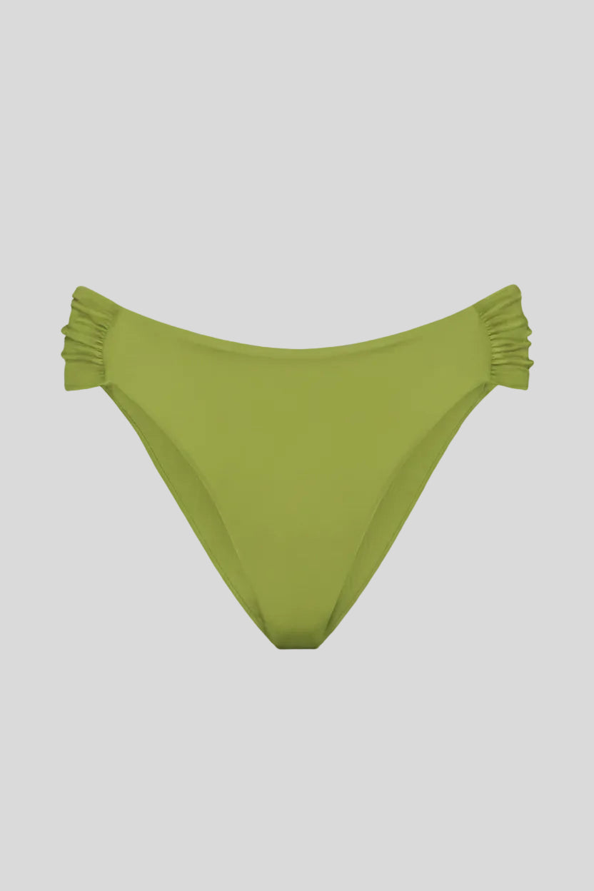 Light green bikini bottom with ruched sides on a white background