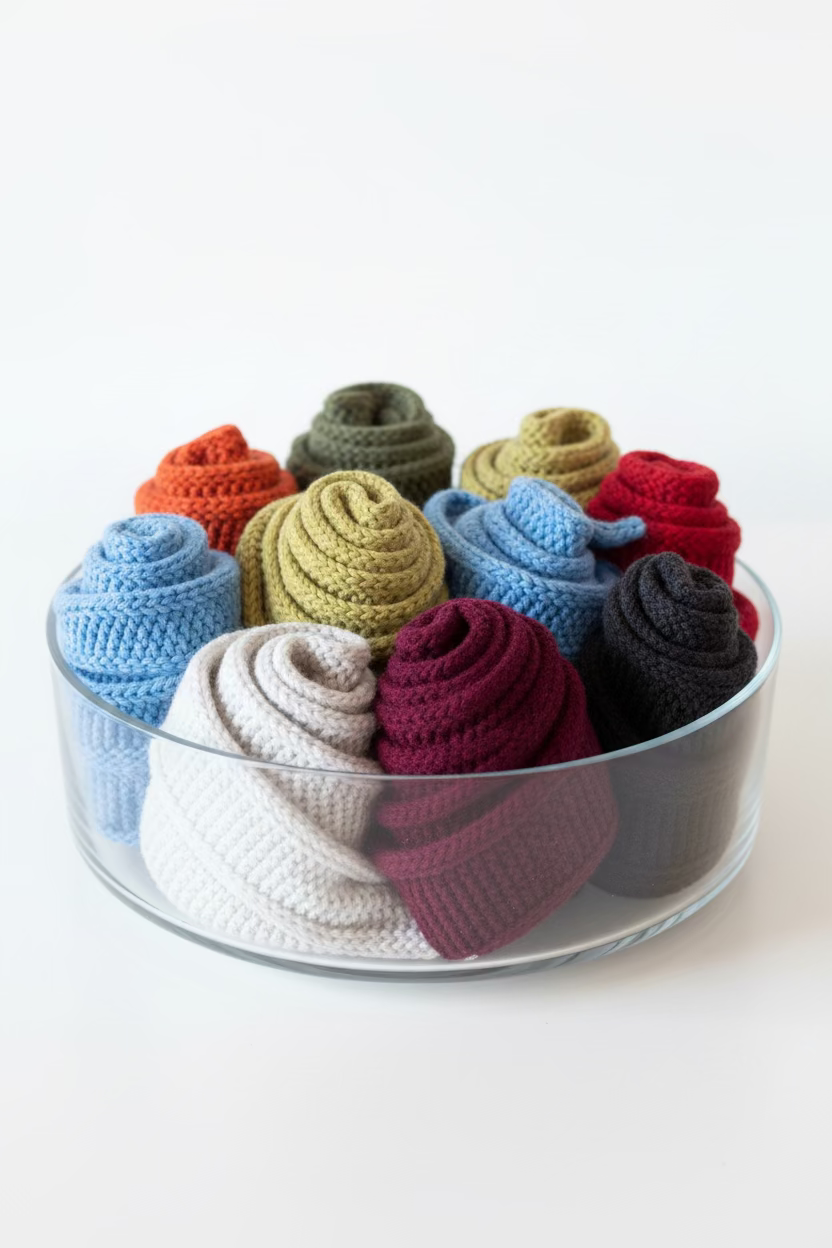 Assorted colorful crocheted scarves in a glass bowl on a white background