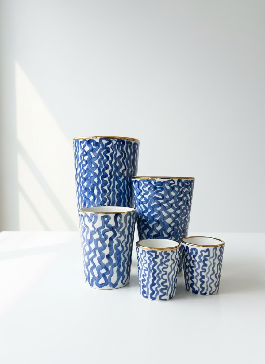 Set of blue and white patterned ceramic cups on a wooden surface with a concrete wall background.