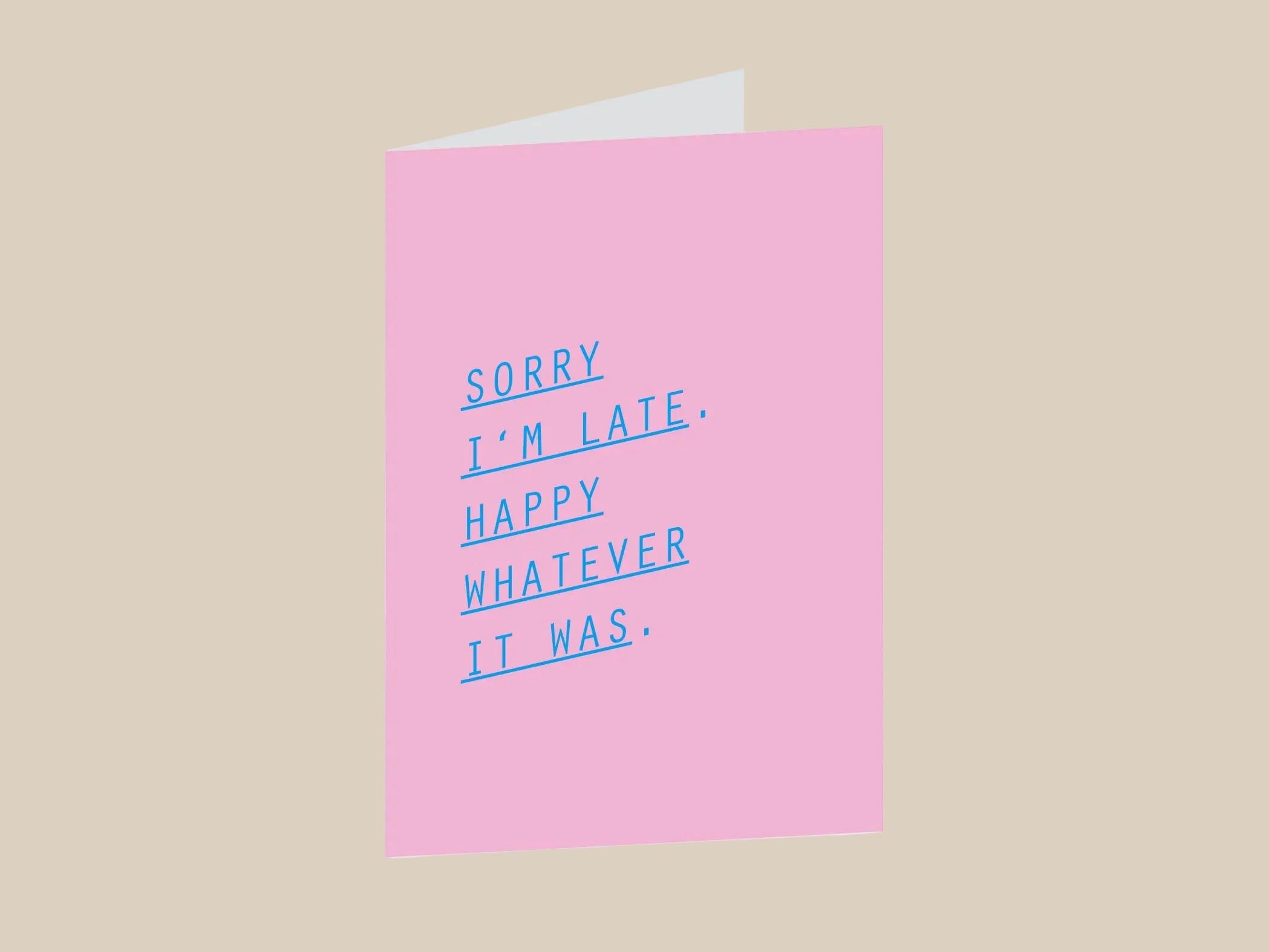 Pink greeting card with blue text on a white background
