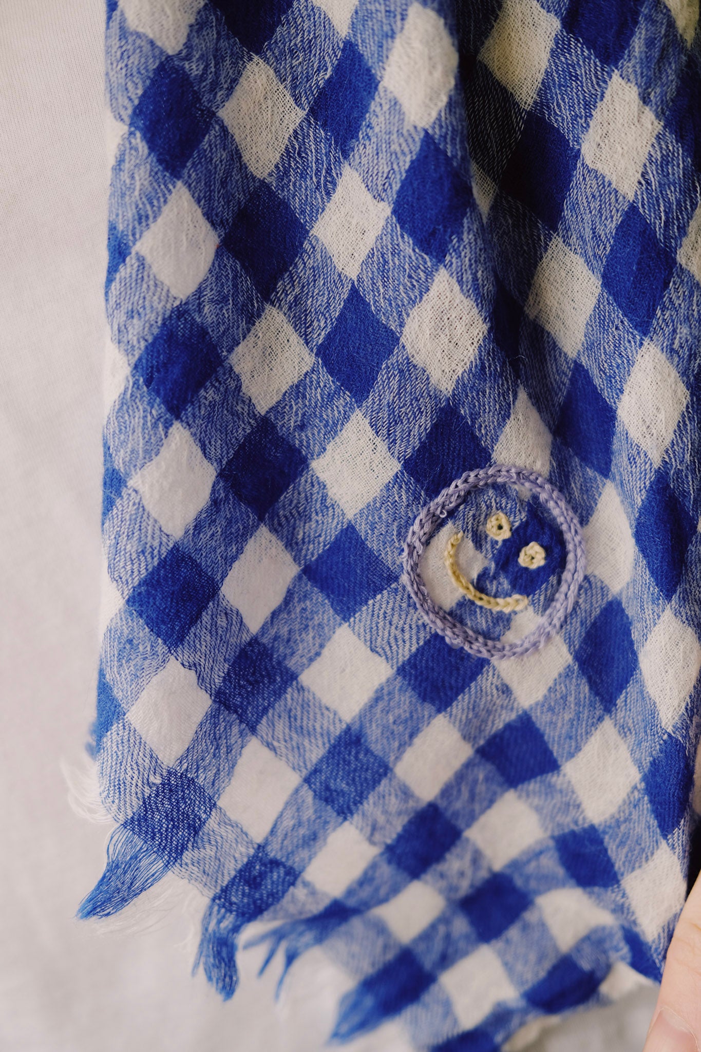 woolen scarf - blue smiley check - collab zürich